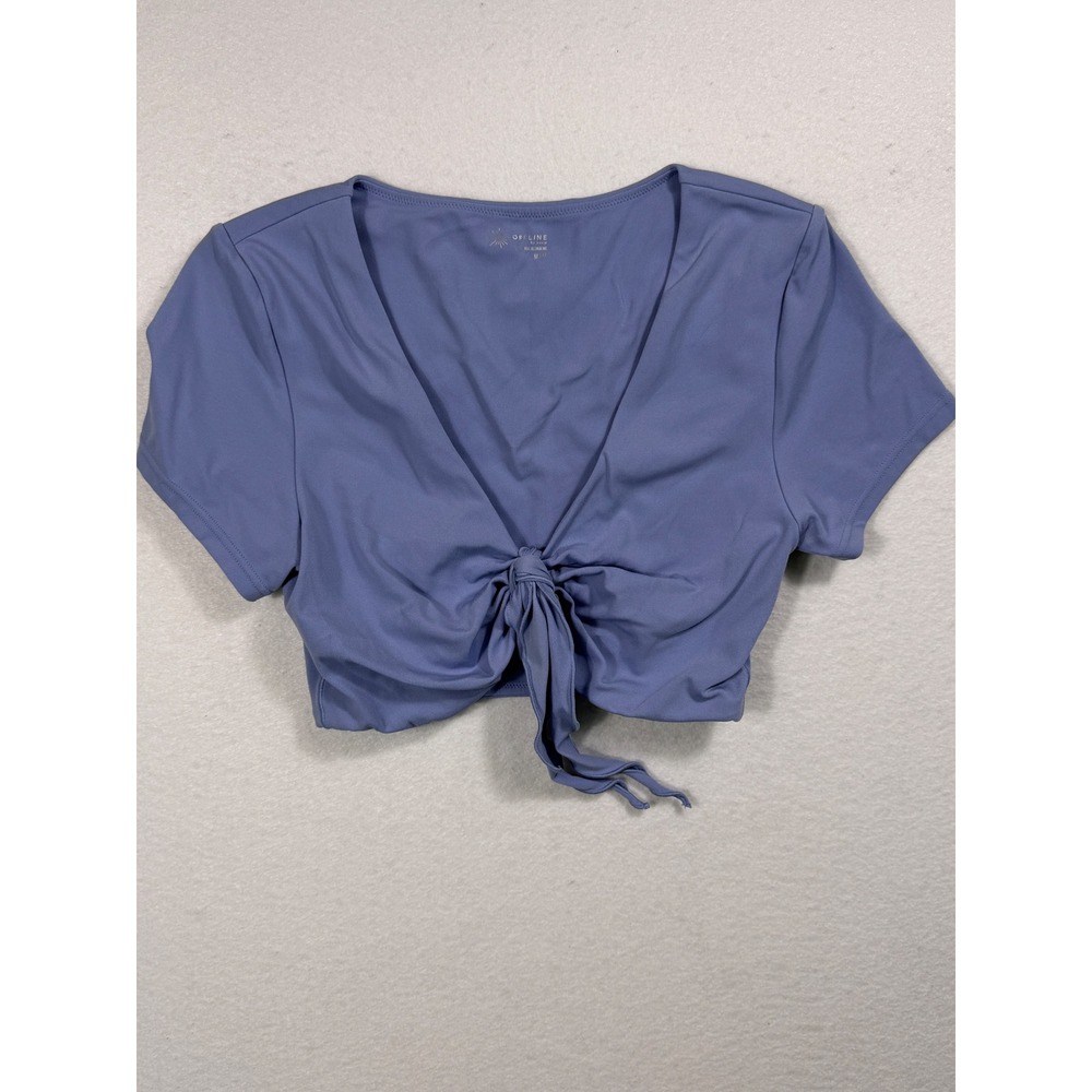 OFFLINE by Aerie Tie Front Crop Top Women MED Blue Real Me Short Sleeve V-Neck